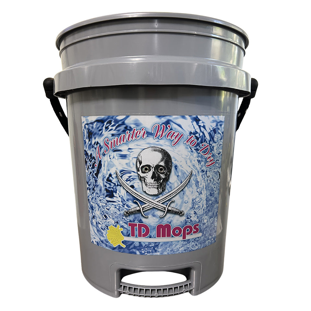 5 gallon grip bucket with ergonomic handle and TD Mops graphic, ideal for easy cleaning and maneuverability.