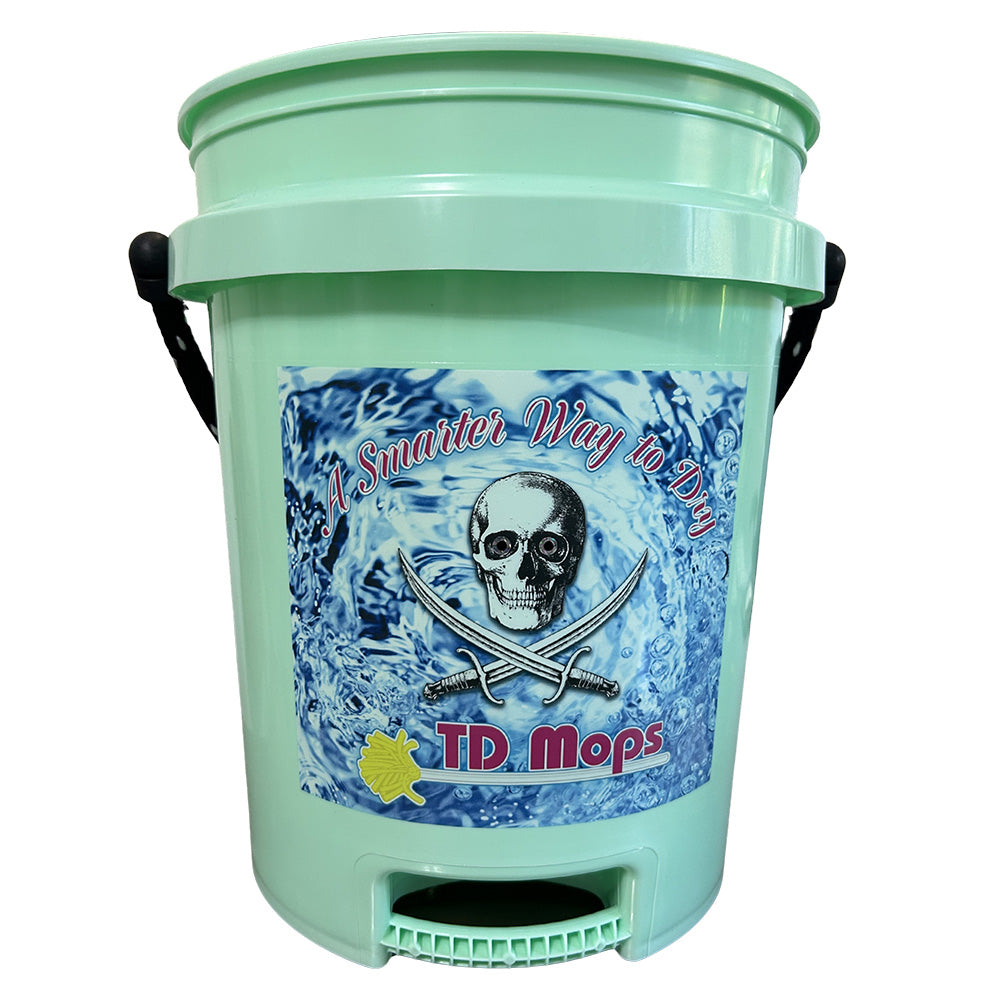 5 gallon grip bucket in teal green with skull graphic for easy cleaning and maneuverability