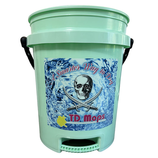 5 gallon grip bucket in teal green with skull graphic for easy cleaning and maneuverability