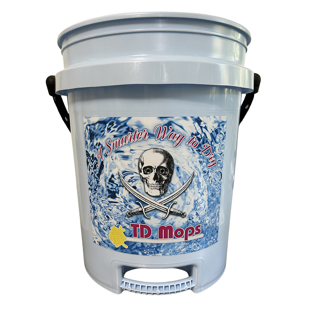 5 gallon grip bucket with ergonomic design and TD Mops graphics for easy maneuverability.