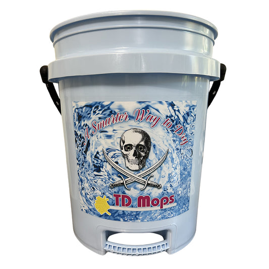 5 gallon grip bucket with ergonomic design and TD Mops graphics for easy maneuverability.