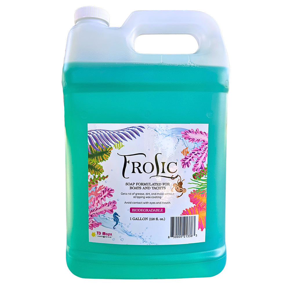 1 gallon TD Mop Frolic Soap bottle, biodegradable boat soap for a cleaner, greener shine.
