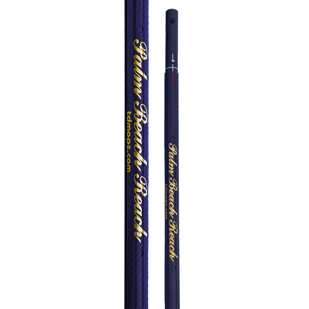 Palm Beach Reach carbon fiber extension handle showcasing the royal blue design with yellow branding, perfect for effortless cleaning.