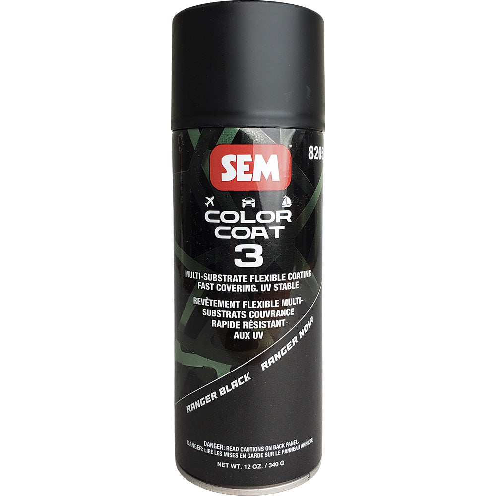 SEM Color Coat 3 - Ranger Black - 12 oz [82053] spray can, flexible coating for various substrates, fast coverage.