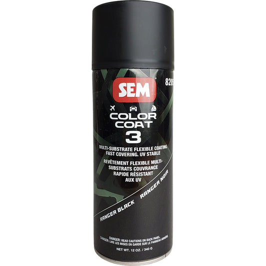 SEM Color Coat 3 - Ranger Black - 12 oz [82053] spray can, flexible coating for various substrates, fast coverage.